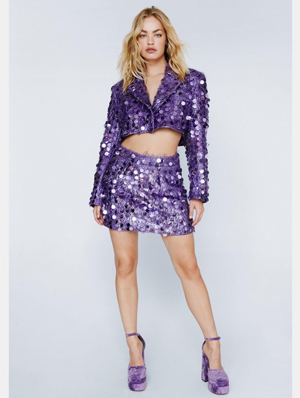 ​Nasty Gal Purple Cropped Tinsel Sequin Taylor Swift Eras Tour Blazer Mini Skirt